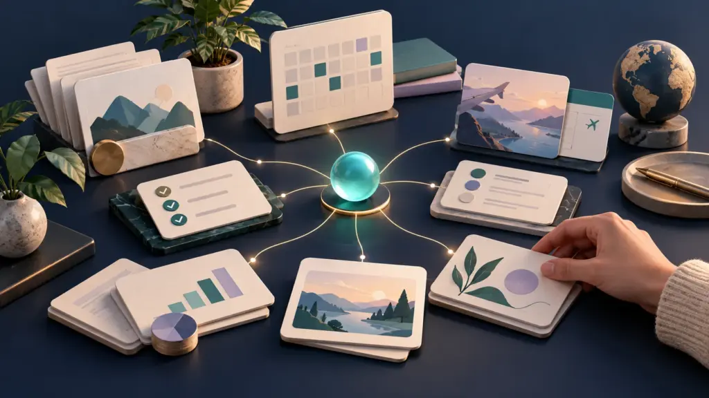 A glowing teal sphere connects task lists, documents, calendar and travel cards while a person arranges one card.