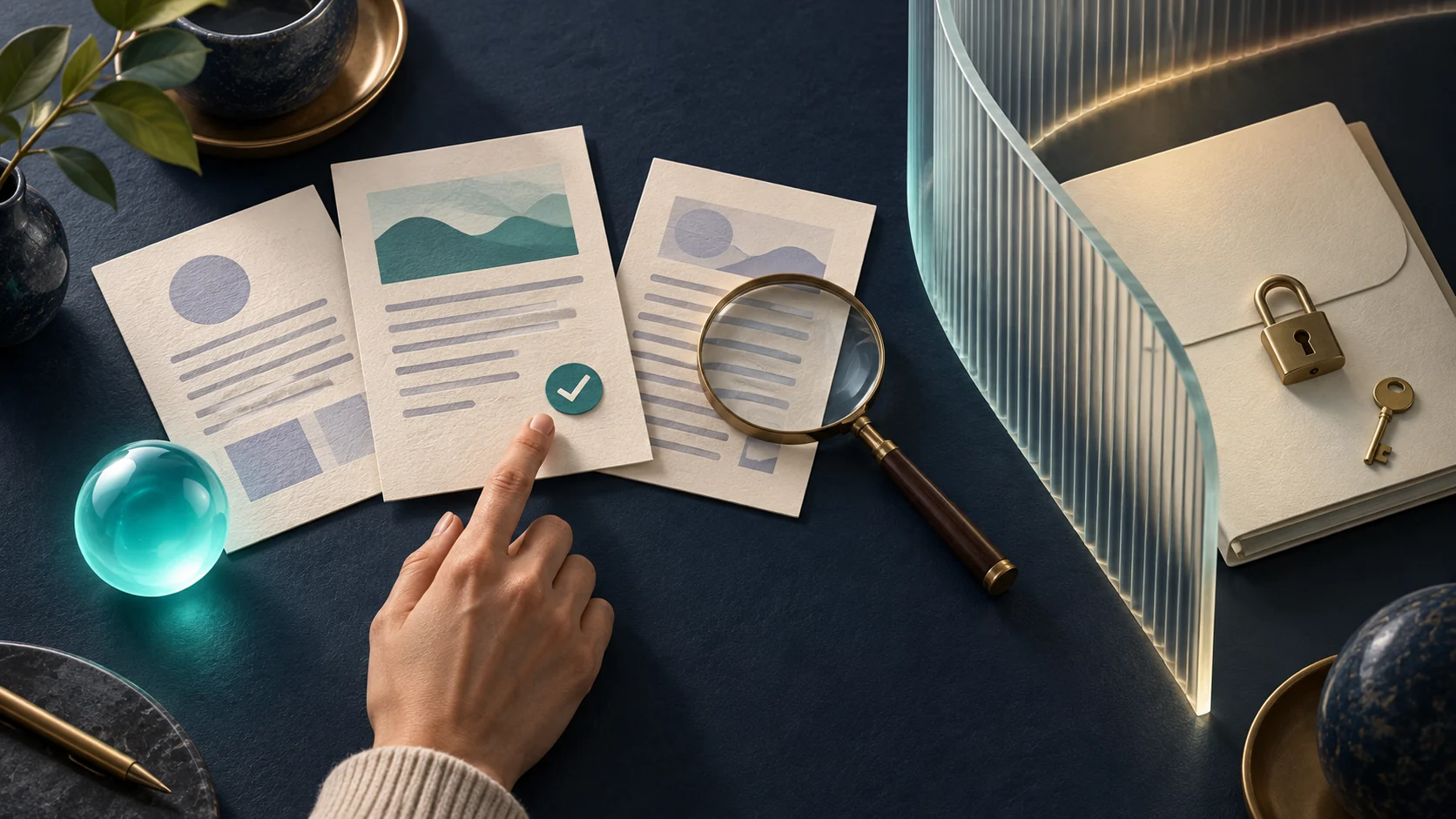 A person reviews draft documents beside a teal assistant sphere, with private files behind a glass boundary.