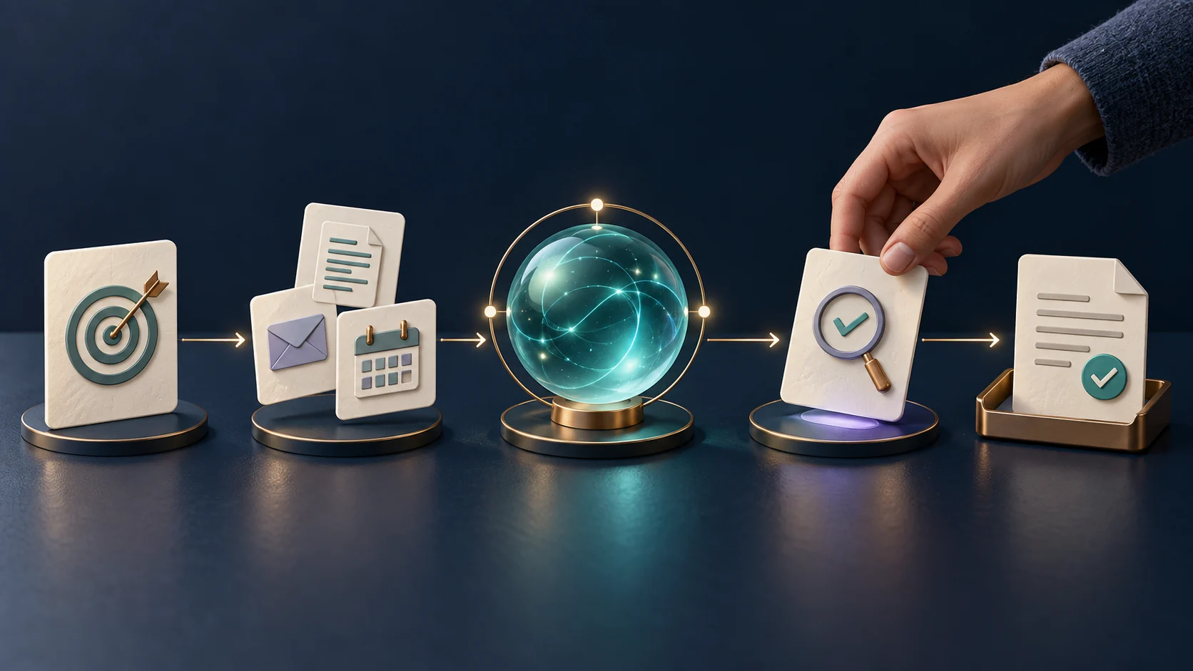 Conceptual workflow from a goal and connected sources through AI assistance, human review and an approved result.